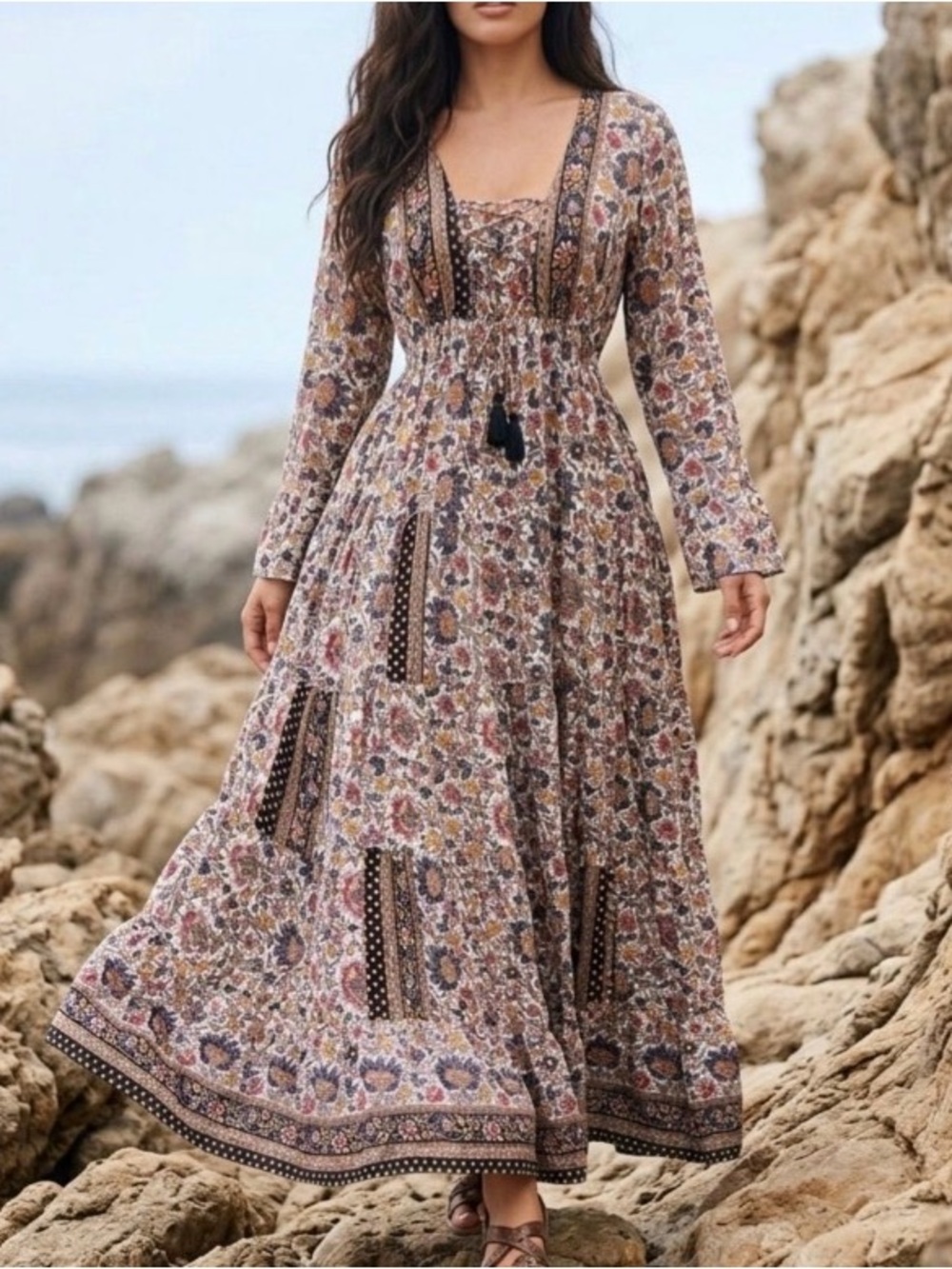 Boho Floral Maxi Dress with Smocked Waist - Pink Multi